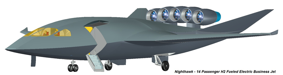 nighthawk, electric business jet, hydrogen fueled aircraft, hydrogen fuel cell aircraft, electric aircraft, electric aviation, blended wing, blended wing aircraft, green aircraft, green aerospace, graphene structures, io aircraft, green aircraft, graphene motors, graphene superconducting, plasma actuation, laminar flow control